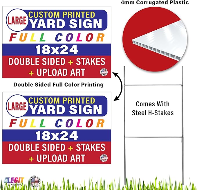 Personalized 18x24" Yard Signs, Double Sided Printing, Metal Stake Included, by Legit Fast Printing (100pk)