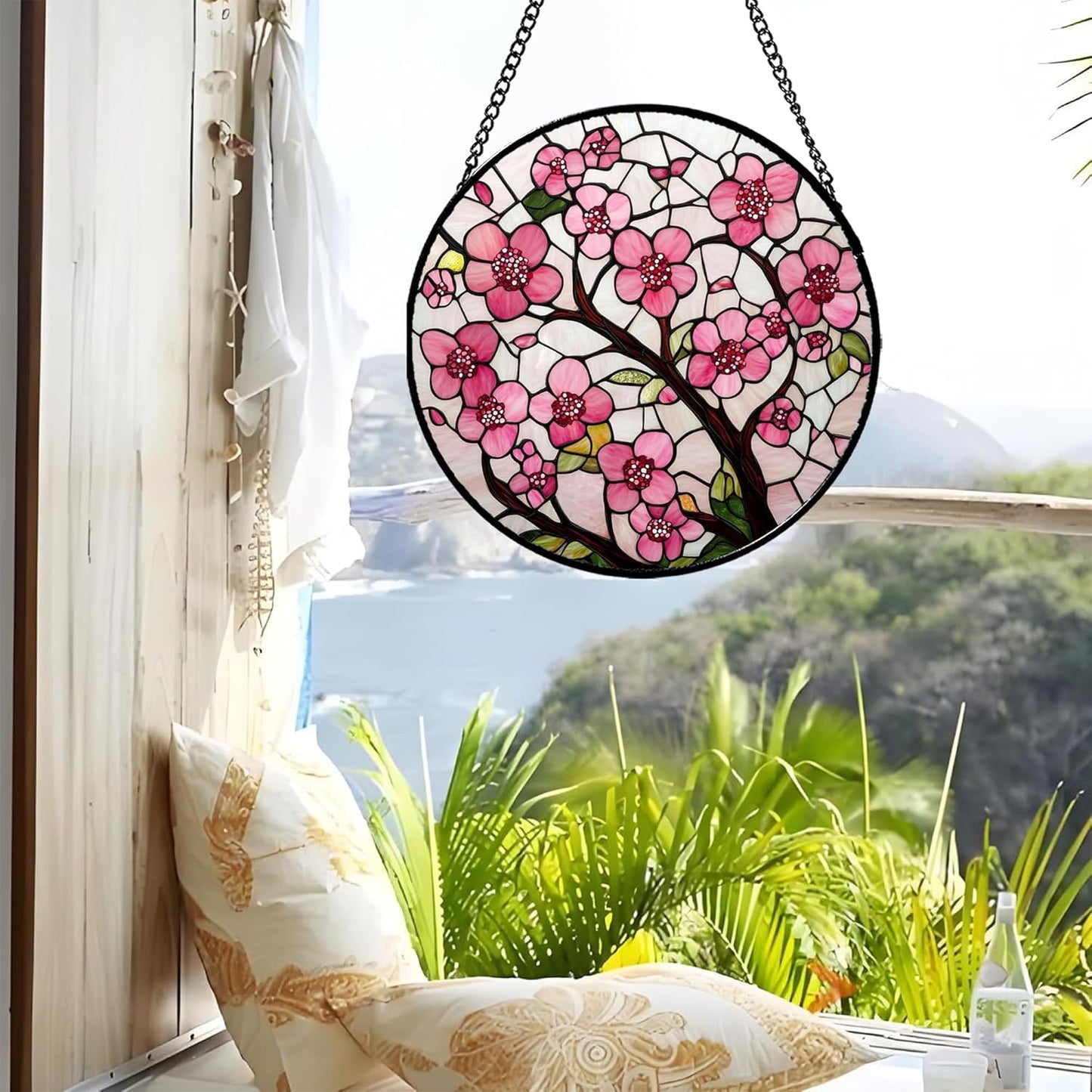 Stained Glass Window Hanging - Cherry Blossoms Birth Flower Suncatcher for Door Garden Patio Sun Catchers Decor Christmas Mother's Day Birthday Gifts for Women Mom Nana Friend Wife 15 in