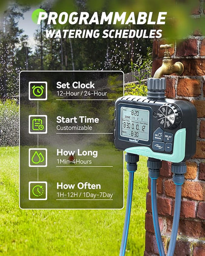 RAINPOINT Sprinkler Timer 3 Zone, Programmable Water Timer for Garden Hose,Hose Faucet Timer, Hose Timers for Watering with Automatic/Manual/Rain Delay/Watering Mode, IP65 Waterproof, Large LCD
