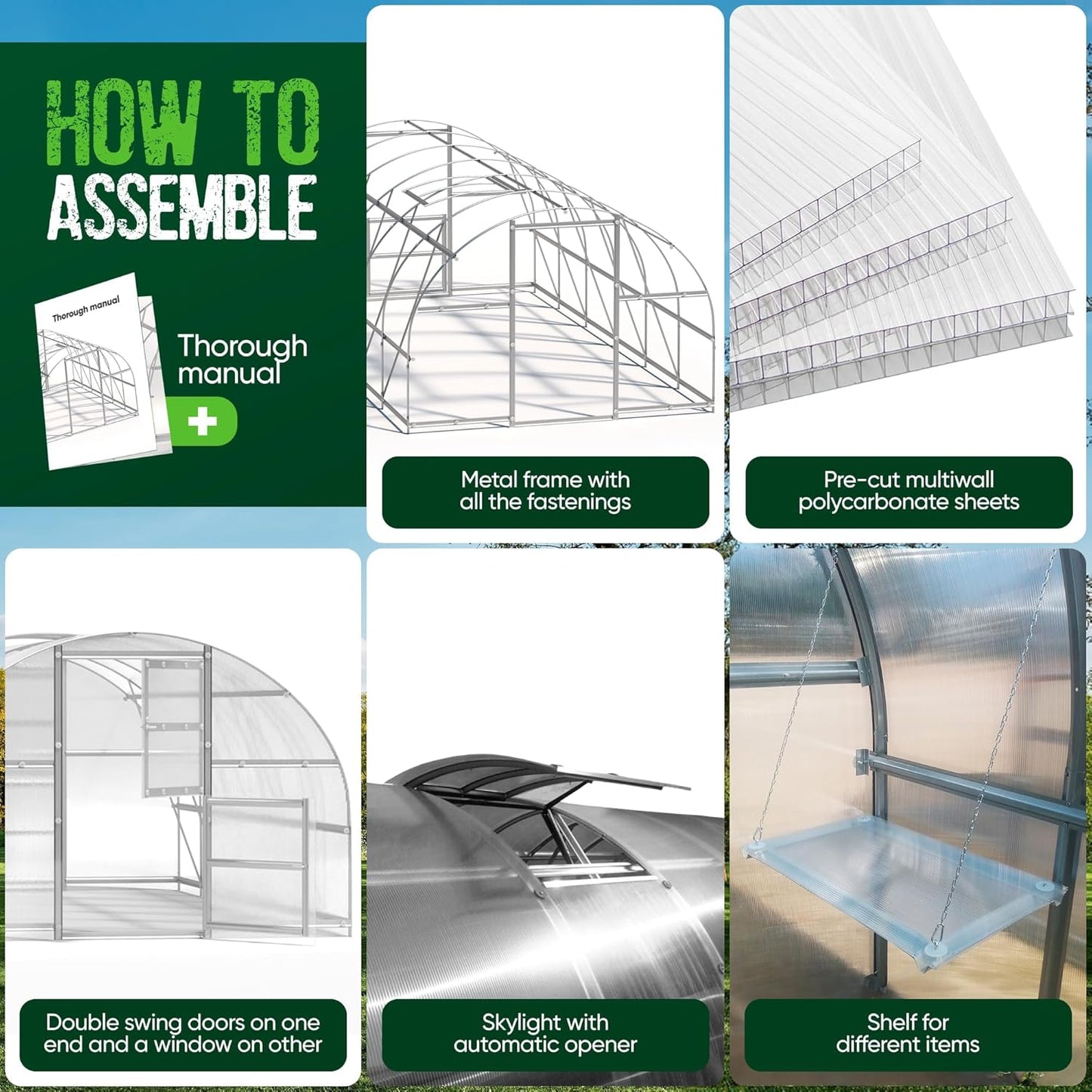 Polycarbonate Greenhouse Kit - Greenhouse - Easy Assembly & Heavy Duty Greenhouses for Outdoors- with Vents and Extra Door (Transparent, 10x26 FT)