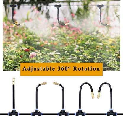 Mornajina Automatic Drip Irrigation Kits Garden Irrigation System, Includes 50FT 5/16 inch Irrigation Tubing Hose & 15Pcs 360° Bending Dropper Atomizing Mist Nozzles Tee for Garden Watering System