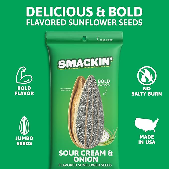 SMACKIN' Sunflower Seeds, Roasted Jumbo Small-Batch, American Made - Sour Cream & Onion, 1.5oz bags (6 Pack)
