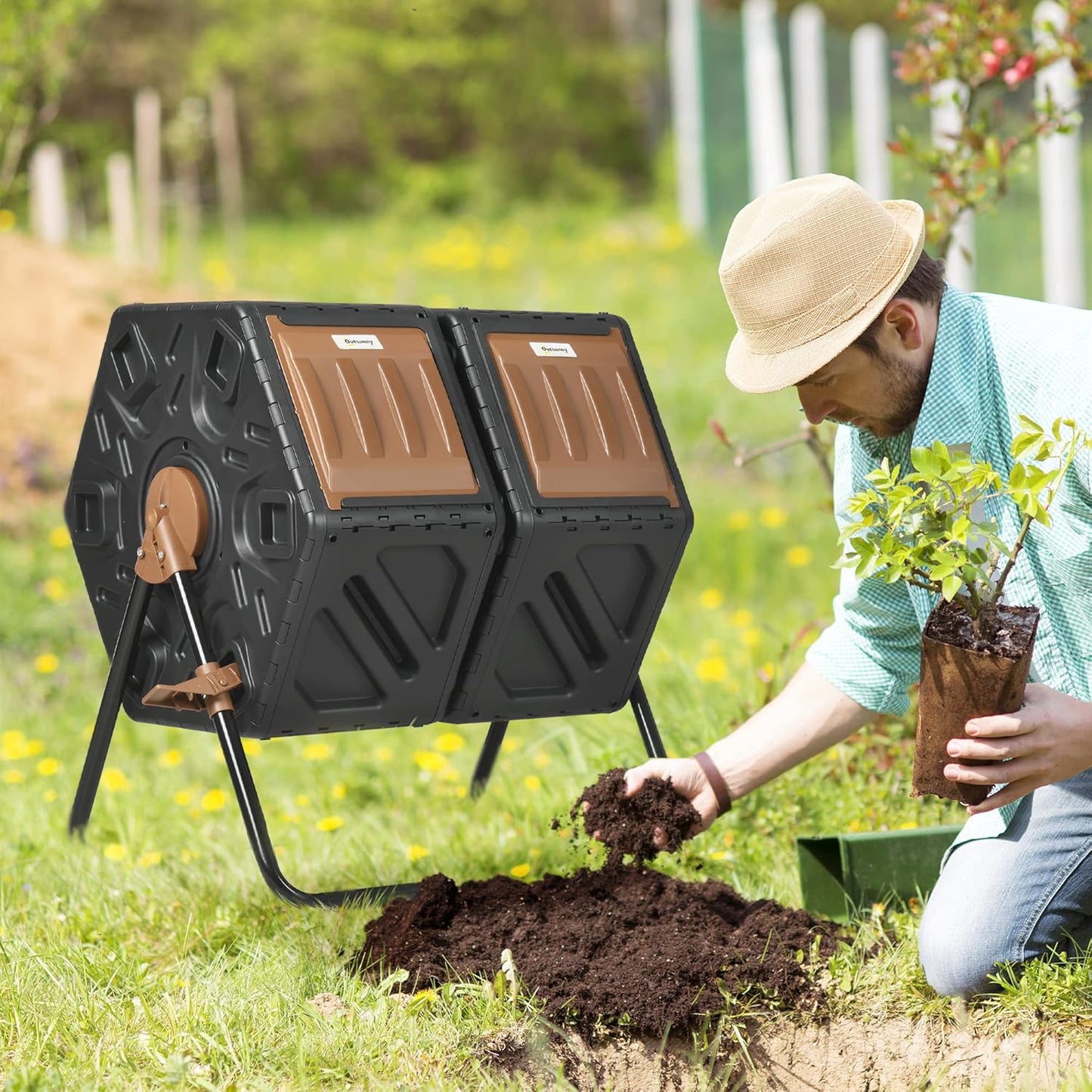 Dual Chamber Compost Tumbler Bin, Outdoor Tumbling Composter with 24 Ventilation Openings and Steel Legs, 34.5 Gallon