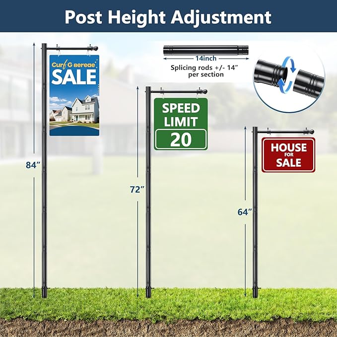 Heavy Duty Real Estate Sign Post Holder - 100" Adjustable Metal Yard Sign Stand with Spiral Ground Stakes, Rust-Proof Coating, Universal Sign Holder for Traffic, Construction, Events, Weatherproof & Long-Lasting
