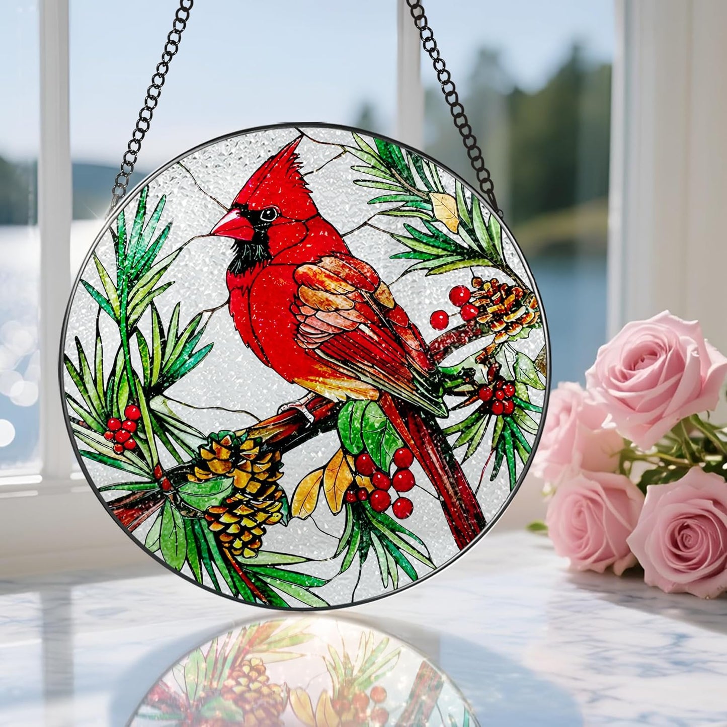 Stained Glass Window Hanging, 8 Inch Cardinal Sun Catcher, Stained Glass Decor, Suncatchers for Windows Hanging, Cardinal Window Decor, Gift for Bird Lovers, Gifts for Mom Grandma