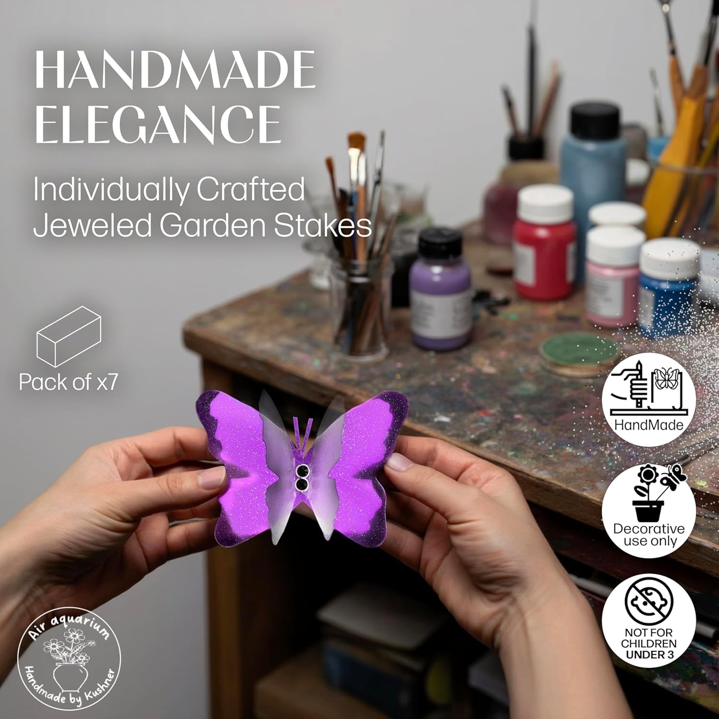 Handmade Butterfly Garden Stakes – Set of 7 Purple Decorative Butterflies Idea for Garden & Nature Lovers – Outdoor & Indoor Garden Decor – Air Aquarium Handmade by Kushner