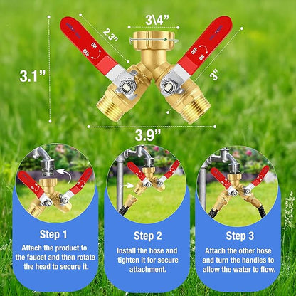 Premium 2 Way Brass Hose Splitter 3/4" Heavy Duty Leakproof Y Valve Garden Faucet Spigot Splitter Easy Long Handles With Extra Fittings and Teflon