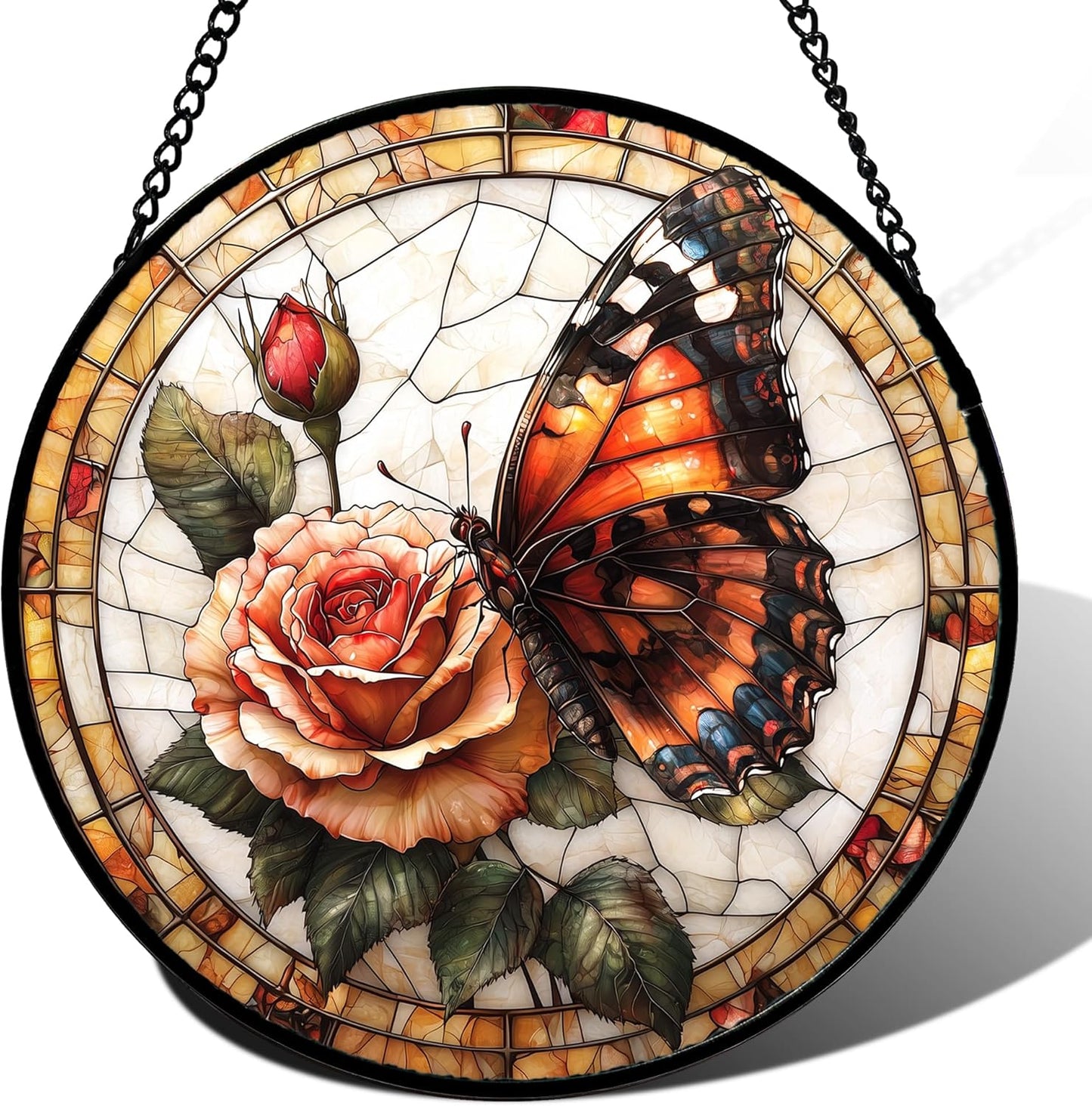Stained Glass Window Hanging, Butterfly Picking Flowers Suncatcher for Doors Home Sun Catchers Decoration and Christmas, Mother's Day Birthday Gifts for Women, Men, and Mom 14.9x14.9 in