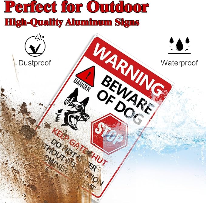 Beware of Dog Sign 2PCS - Beware of Dogs Signs for Fence, Do Not Enter Signs Keep Gate Closed, Stop Danger Warning Reflective Tin Decoration for Garden Yard Wall Metal Decor 11.8x7.9 Inches