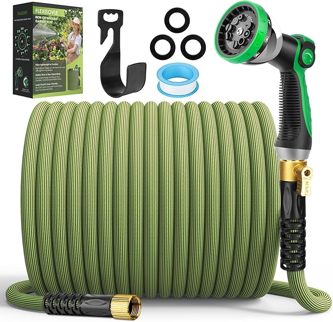 Non-Expandable Garden Hose 50 ft, Ultra Lightweight Flexible Water Hose with 10-Pattern Nozzle, Leak-Proof, High-Density Fabric, Thickened Connector, Shut-Off Valve for Yard, Lawn, Outdoor