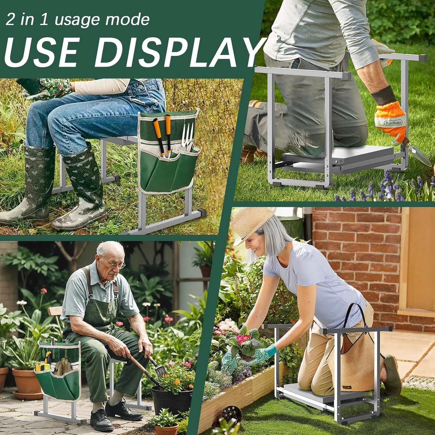 Garden Kneelers Seat, Stable and Save Anti-Tipping Design 10.2" Wider Garden Kneeler and Seat with Handle, Heavy Duty Gardening Stool for Seniors, Gardening Weeding Bench for Gardeners Parents - Gray