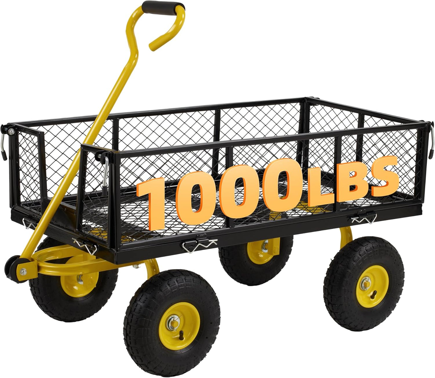 Finnhomy Heavy Duty 1000 Lbs Capacity Mesh Steel Garden Cart, Pullable Garden Wagons Carts on Wheels, Folding Utility Wagon with Removable Sides for Outdoor, Yard, Lawn, Yellow