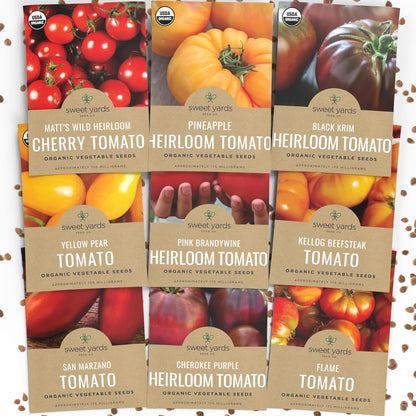 Organic Tomato Seeds Variety Pack - 9 Individual Packs - 2025 Season - Roma, Cherry, Black Krim, Yellow Pear, Pineapple and More! for Indoor & Outdoor Planting (Non-GMO, Certified Organic)