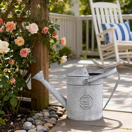 Vintage Galvanized Metal Watering Can - Rustic Farmhouse Design Watering Pot, Garden Decorative Planter for Home Patio Outdoor Wedding Party Decor