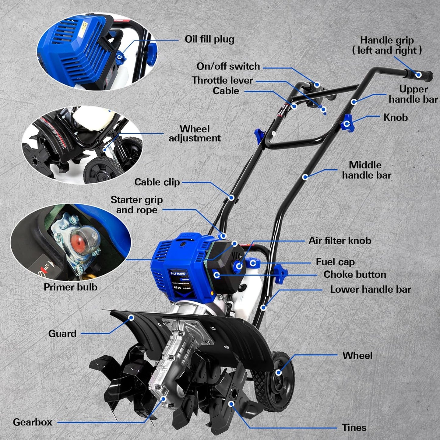 BILT HARD 46cc 4-Cycle 1.9HP Gas Powered Tiller Cultivator - 16" Heavy-Duty Steel Tines Rototiller, Adjustable Wheels & Cushioned Handle Grips for Plowing, Tilling, Weeding in Garden, Farm