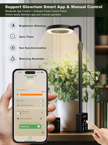 GLOWRIUM Smart LED Grow Lights for Indoor Plants, Desk Plant Light with Bluetooth App Control, 12W Full Spectrum Grow Lamp, Height Adjustable 16"-23", Auto Timer, Watering Reminder for Small Plants