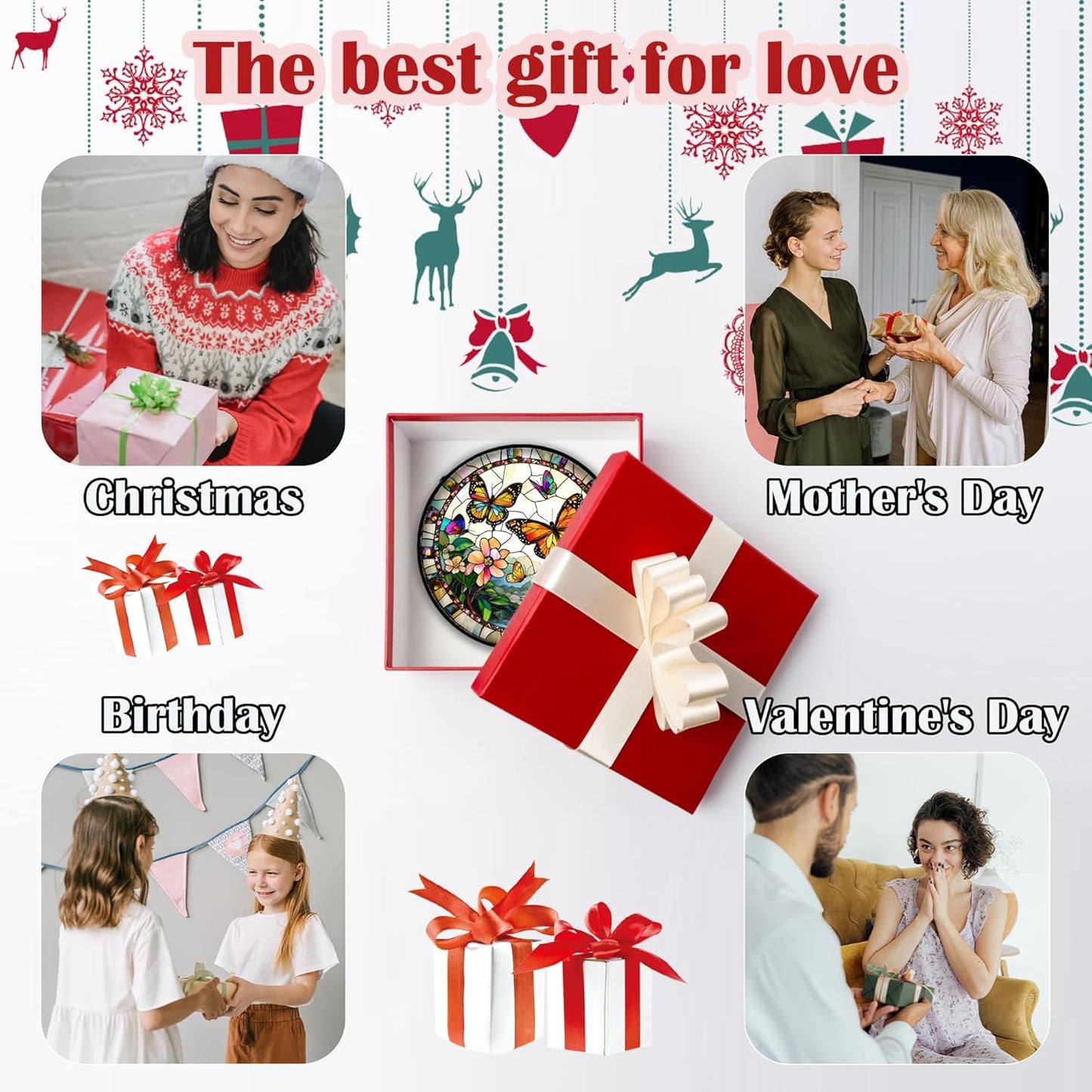 Stained Glass Window Hanging, Butterflies Flying in The Sky Suncatcher for Doors Home Sun Catchers Decoration and Christmas, Mother's Day Birthday Gifts for Women, Men, and Mom 6.3 in