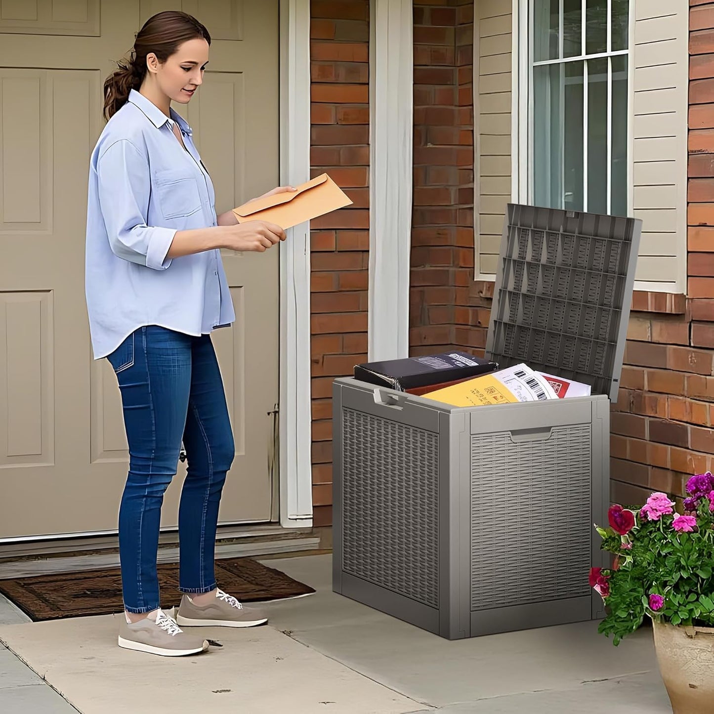 Outdoor Storage Box, Resin Deck Boxes Indoor and outdoor, Waterproof Storage Box Lockable Lid (Grey, 35 Gallon-2 Pack)