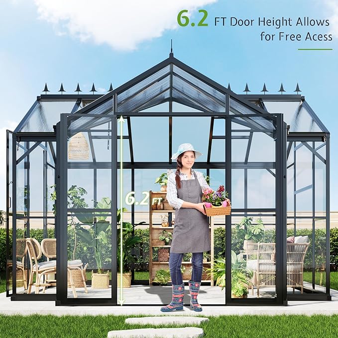 AMERLIFE 12x10x8 FT Hybrid Polycarbonate Walk-in Greenhouse for Outdoors, Aluminum Frame with Quick-Connect Assembly, Double Doors, Ventilation for Backyard Garden, Black