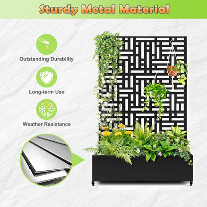 Metal Raised Garden Bed with Trellis, 2-in-1 Planter Box & Privacy Screen for Climbing Plants, Outdoor Standing Flower Bed with Drainage Holes, 47.2" L x 16.7" W x 70.8" H, Black-Helen
