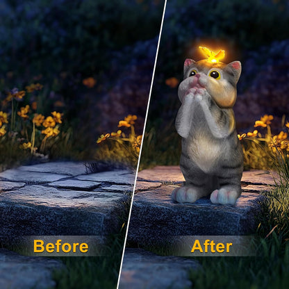 Solar Garden Decor Outdoor Statues Cat - Lawn Decor Statue for Patio, Balcony, Yard Ornament - Unique Gifts for Housewarming, Birthday, Christmas (Gray)