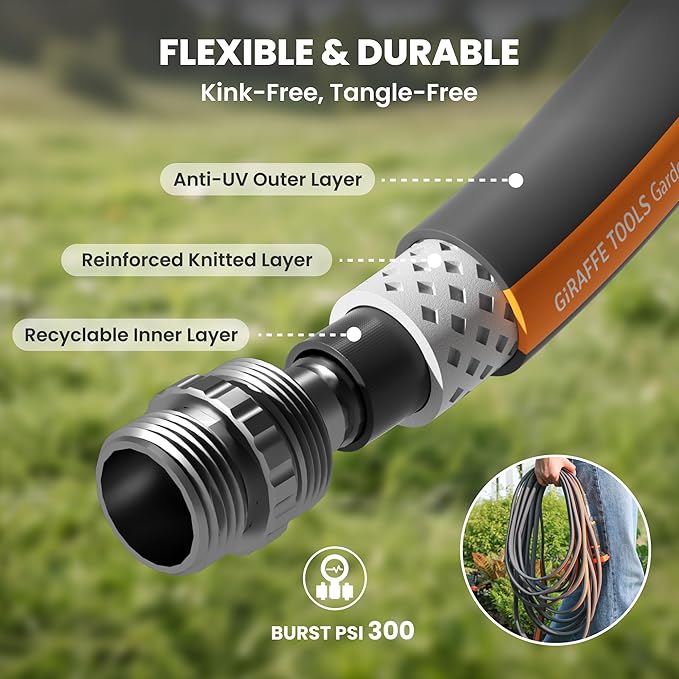 Giraffe Tools Garden Hose 25FT, 5/8" Flexible Lay Flat Water Hose, Custom Length, Leakproof Gardening Hose with Male to Female Fitting, Lightweight Hybrid Hose Pipe for Garden & Yard