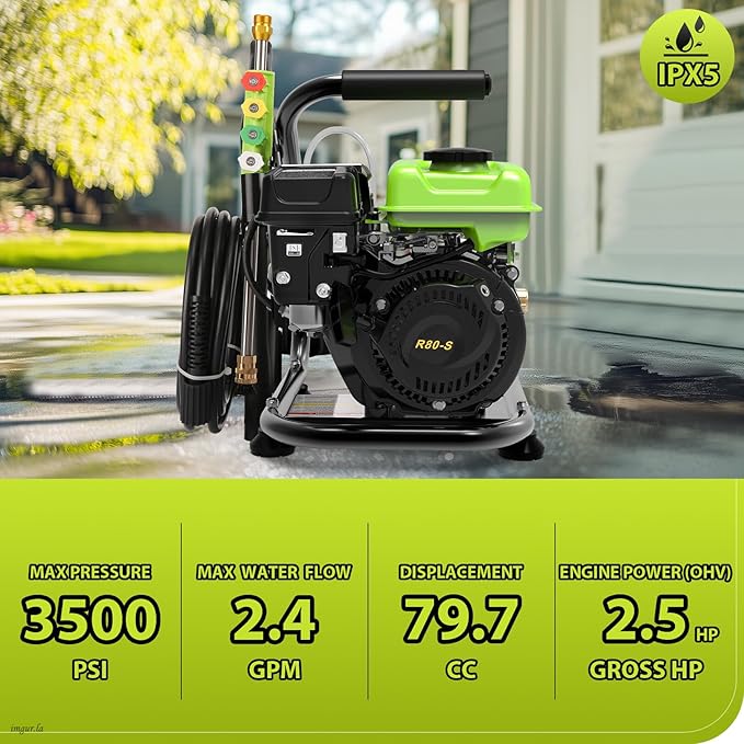 Commercial 3500PSI 2.4GPM 79.7CC Gas Pressure Washer, 2.5 HP Professional Gas Power Washer with 5 Nozzles 25FT Hose Foam Bottle for Car Fence Driveway Yard (EPA/CARB/ETL Compliant), Green