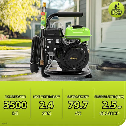 Commercial 3500PSI 2.4GPM 79.7CC Gas Pressure Washer, 2.5 HP Professional Gas Power Washer with 5 Nozzles 25FT Hose Foam Bottle for Car Fence Driveway Yard (EPA/CARB/ETL Compliant), Green