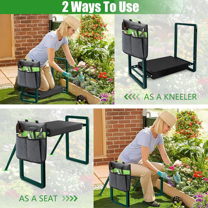 Heavy Duty Garden Kneeler and Seat for Elderly, 400lbs Capacity Foldable Gardening Stool with Support Legs & Thick Pad, Includes Large Tool Organizer Bag, Green