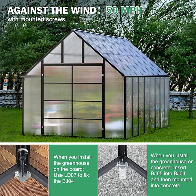 10x16 FT Greenhouse for Outdoor, Large Easy Assembly Heavy Duty Polycarbonate Panels Aluminum Frame Walk-in Green House with 3 Windows Wider Door for Garden Plants