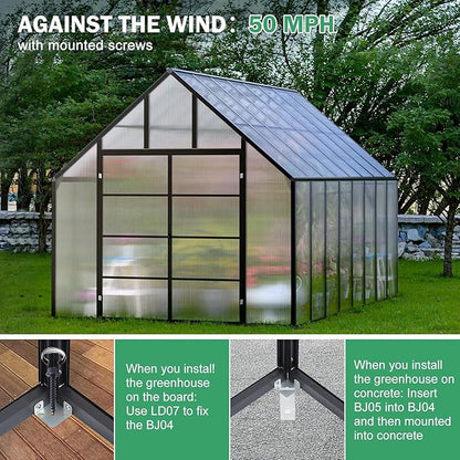 10x16 FT Greenhouse for Outdoor, Large Easy Assembly Heavy Duty Polycarbonate Panels Aluminum Frame Walk-in Green House with 3 Windows Wider Door for Garden Plants