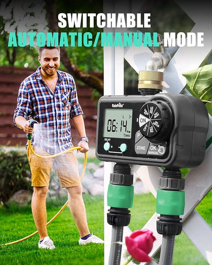 RAINPOINT Brass Sprinkler Timer 2 Stations, Large Digital Water Timer for Garden Hose with 6 Programmable Procedure, with Delay/Manual/Auto Irrigation Mode for Week/Specific/Daily Watering