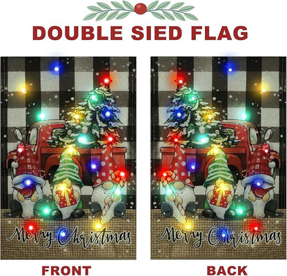 Merry Christmas Garden Flag Outdoor Decorations, Led Red Truck with Three Gnomes Yard Flag, 12x18 Double Sided Solar Lighted Winter Christmas Decor (Three Dwarves)