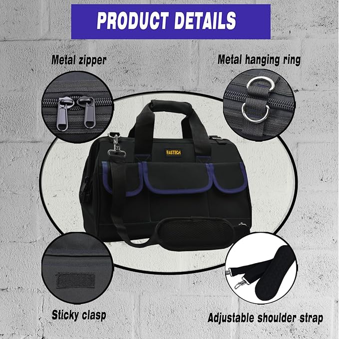 FASTECH 20 Inch Tool Bag, Waterproof Wide Mouth Tool Kit, Heavy Duty Tool Bag Organizer With Shoulder Straps, Tool Storage Package For Men/Women (20IN DarkBlue)