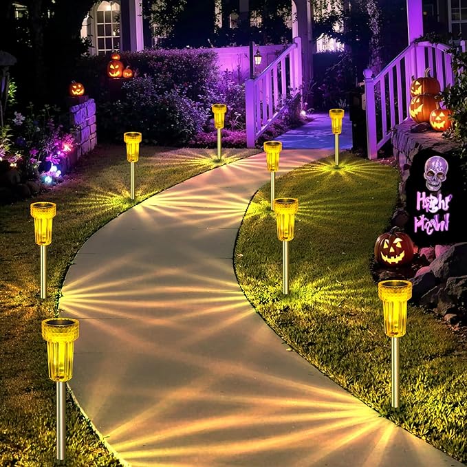 DERAYSION Halloween Solar Lights Outdoor LED Orange Waterproof Pathway Lights Yard Halloween Decorations Auto Dusk-to-Dawn Path Landscape Lights for Christmas Solar Lights Outdoor Decorative 8 Pack