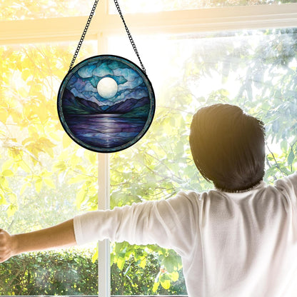 Stained Glass Window Hanging, Blue Night Moon Lake Sun Catchers Colorful Glass Panel Landscape Suncatcher Decor for Birthday for Women, Men, Wife, Aunt, and Mom 6.3 in