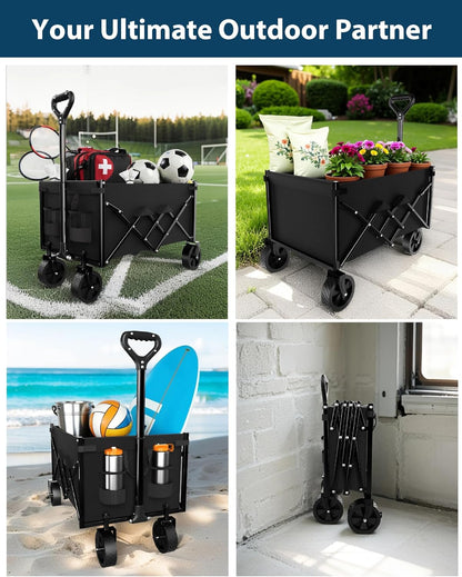 Lightweight Folding Wagon, Large Capacity Collapsible Grocery Cart on Big Wheels, Heavy Duty Foldable Shopping Carts, All-Terrain Outdoor Utility Carts for Camping, Sports, Garden, Beach, 3.5 Cu Ft