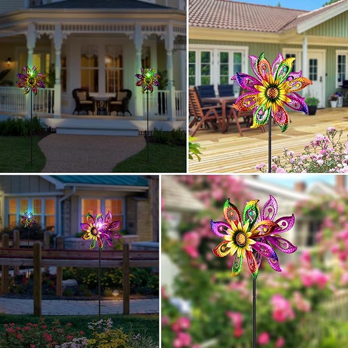 Solar Wind Spinners Outdoor with Lights Sunflower Garden Outdoor Decor Yard Lawn Art Decor for Patio Kinetic Windmills Unique Gifts for Friends and Family 60.63'' H x 13.38'' Dia 360° Rotation