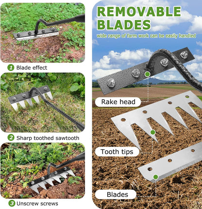 Gardenia Iron Weeding Rake, 2.0 Iron Weeding Rake with Long Handle, 6 Teeth Heavy Duty Puller Tools for Gardening, Weedings ,Lawn