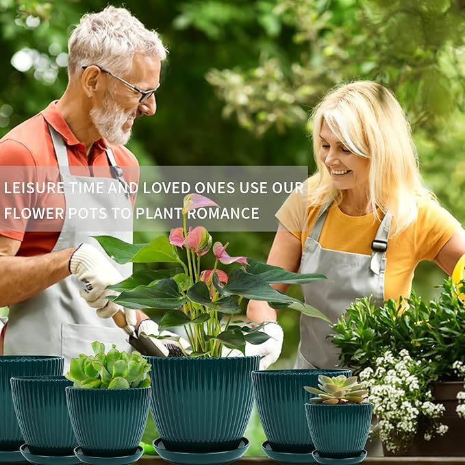 Plant Pots Indoor with Saucers & Drainage - 6 Pack Flower Pots - Plastic Planters for Indoor Planter - 7.5/6.6/5.8/5.0/4.3/3.5 inches Sizes for All Different Types of Plants-Dark Green