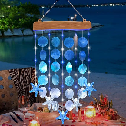 Toodour Solar Wind Chimes for Outside, Birthday Gifts for Women Mom Grandma, Waterproof 2 Modes Shells Solar Powered Outdoor Lights for Patio Holiday Garden Porch Yard Outdoor Decor - White & Blue