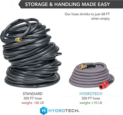 HydroTech 5/8" 200 ft Expandable Garden Hose - Flexible, Lightweight, Durable and Burst-Proof Hose with Reinforced Latex Core and Solid Brass Fittings - Great for Lawn Care, Garden, and Car Washing