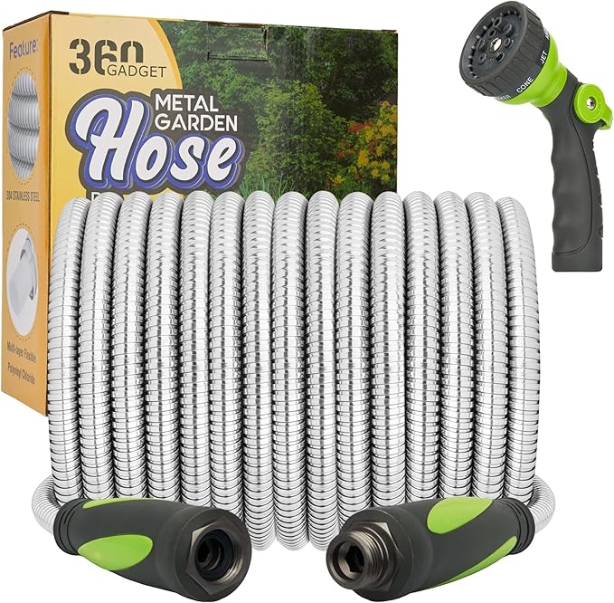 Garden Hose - Water Hose 100 FT with Swivel Handle & 8 Function Nozzle, Flexible, Heavy Duty, No Kink, Lightweight Metal Hose for Outdoor, Yard, 304 Stainless Steel