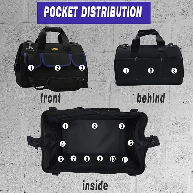 FASTECH 22 Inch Tool Bag, Waterproof Wide Mouth Tool Kit, Heavy Duty Tool Bag Organizer With Shoulder Straps, Tool Storage Package For Men/Women (22IN DarkBlue)