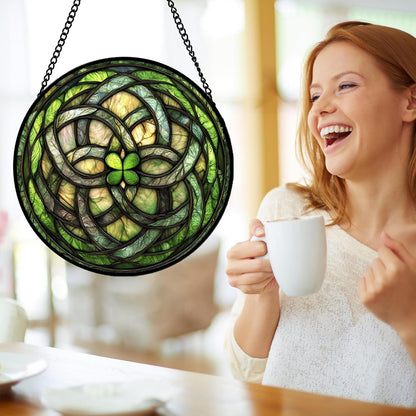 Stained Glass Window Hanging, Abstract Green Clover Sun Catchers Colorful Glass Panel Bless Suncatcher Decor for Birthday for Women, Men, Wife, Aunt, and Mom 14.9x14.9 in