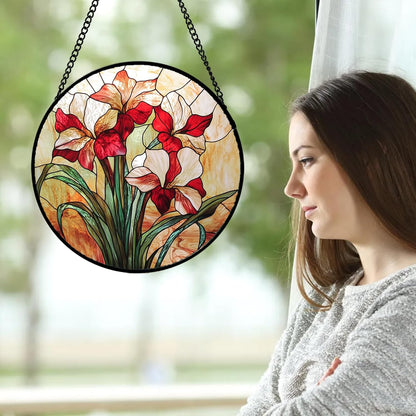 Stained Glass Window Hanging - Red Gladiolus Flower Suncatcher for Door Yard Sun Catchers Decor Christmas Mother's Day Birthday Gifts for Lovers Women Mom Nana Girlfriend Wife 11.8 in