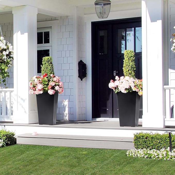 GarveeLife 22.5 in Tall Planters Set of 2, Outdoor＆Indoor Black Planter Pots, High Front Porch Planter Pots with Drainage Holes＆Water Level Monitor＆Inner Bucket, Automatic Watering, Black