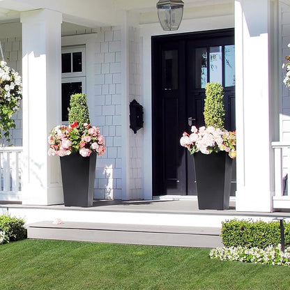 GarveeLife 22.5 in Tall Planters Set of 2, Outdoor＆Indoor Black Planter Pots, High Front Porch Planter Pots with Drainage Holes＆Water Level Monitor＆Inner Bucket, Automatic Watering, Black