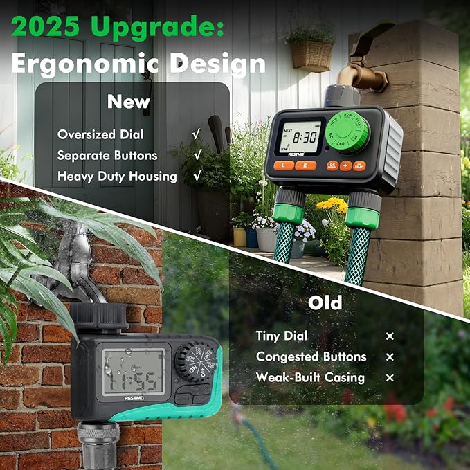 RESTMO 2 Zone Sprinkler Timer, Programmable Water Timer for Garden Hose, Automatic Control | Manual ON/Off | Rain Delay for Outdoor Faucet, Drip Irrigation and Lawn Watering System