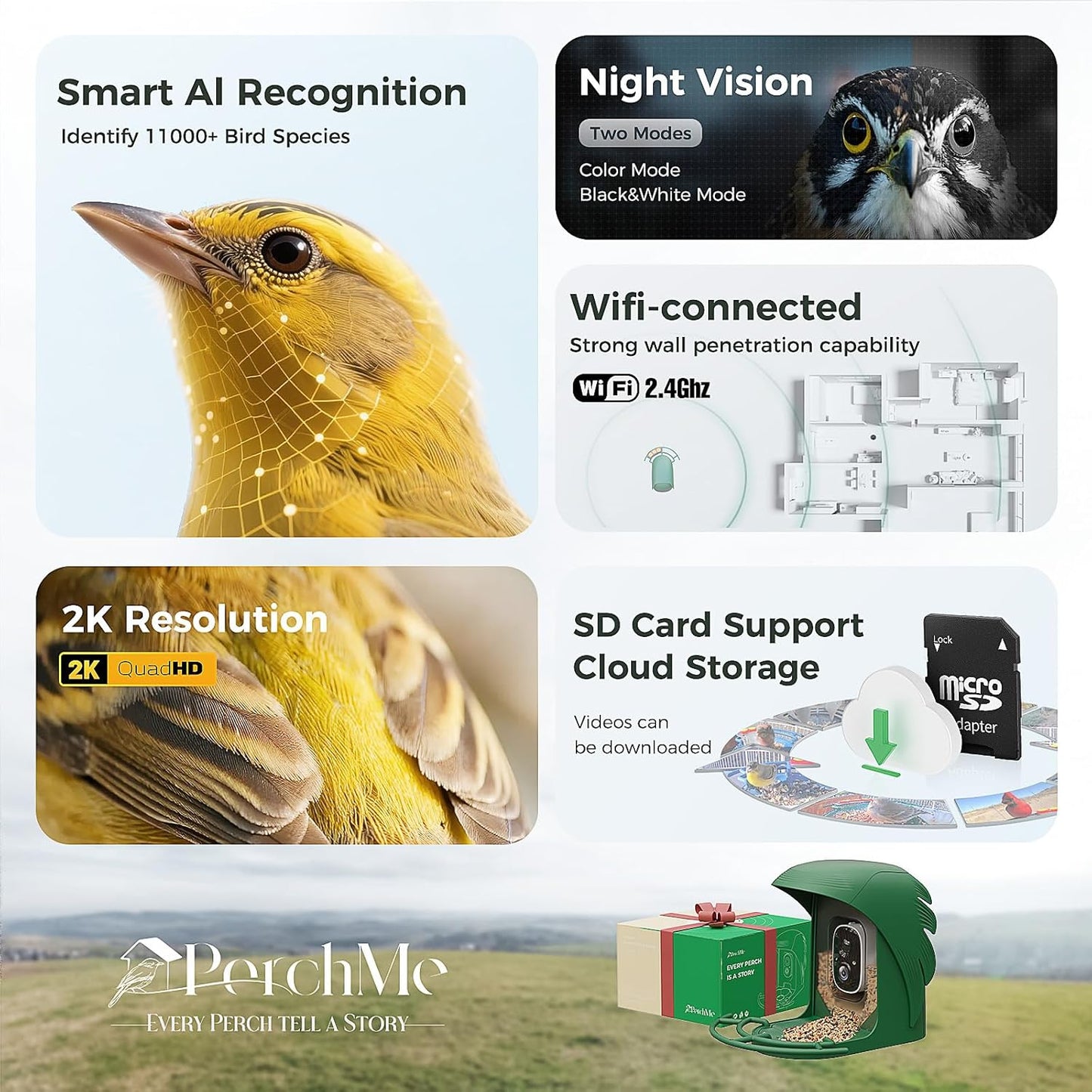 PerchMe® 2025 New AI Bird Feeder with Camera Solar Powered -2K HD Live View,Smart Bird House Camera Wireless Outdoor,DIY Add-ons,Pefect Birding Gift for Parents & Families